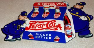Vintage Pepsi Cola 6 Pack Bottles 25c W/ 2 Cops 13 " Metal Soda Pop Gas Oil Sign