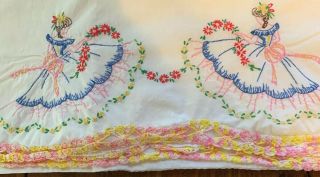 One Vintage White Cotton Pillowcase Embroidered Southern Bells W/ Crochet Trim