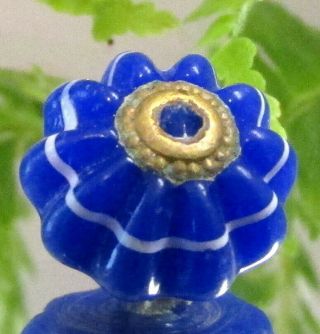 Fluted Diminutive Antique Royal Blue Glass Charmstring Button W/ White Band F88
