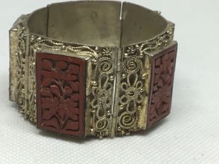 Antique Chinese Silver Carved Cinnabar Bracelet Silver Filigree Hinged Panels 6”