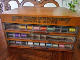 Antique Belding Heminway 3 Drawer Wood Cabinet Store Display Case & 127 Thread