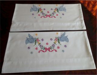 Lovely Vintage Hand Embroidered Pillow Cases Bluebird Floral