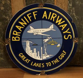 Old Vintage Braniff Airways Airline Aero Airplane Porcelain Airport Sign 11.  75 "
