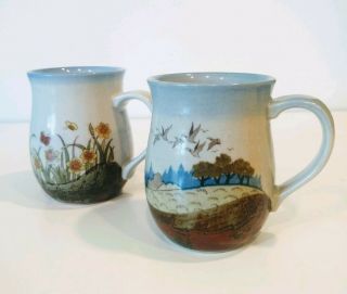 Otagiri Mugs Set Of 2 Stoneware Blue Brown Seagulls/field Of Flowers Japan