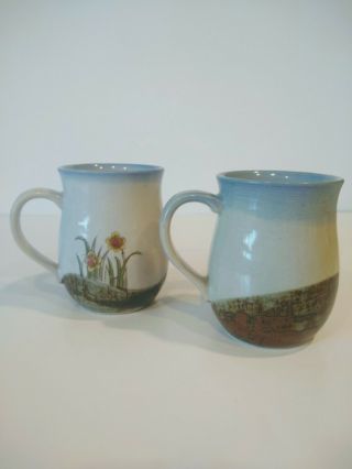 Otagiri Mugs Set of 2 Stoneware Blue Brown seagulls/field of flowers Japan 3