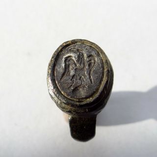 Roman Ancient Artifact Bronze And Silver Ring With Legionary Eagle