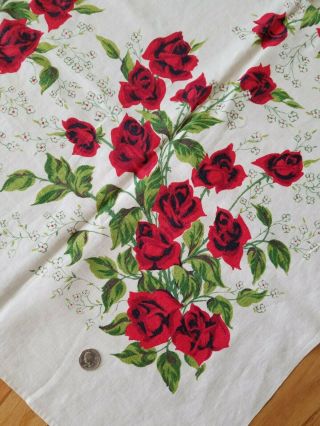 Vintage Mid - Century Cotton/linen Tablecloth Red Roses 48x48