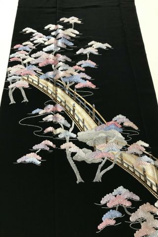 @@japanese Vintage Kimono/ Tomesode Black Silk Fabric/ Embroidered Pine Tr P44