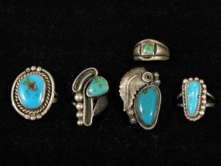 Group Of 5 Vintage Navajo Sterling Silver & Turquoise Rings