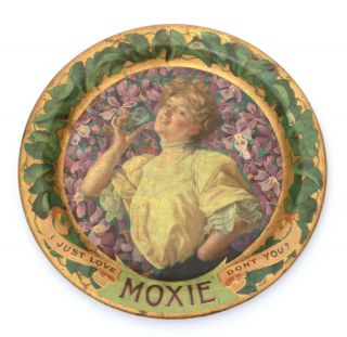 Antique Moxie Soda Advertising Tin Tip Tray 6 " Woman Flower Background
