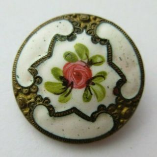 Antique Vtg French Champleve Enamel Button White W/ Pink Rose (c)