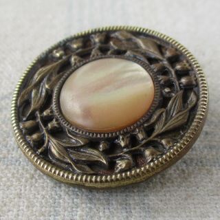 1 1/16 " Antique Stamped Brass Button W Mother Of Pearl Inset