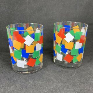 2 Georges Briard Old Fashioned Rocks Lowball Glasses Multi Color Squares Mcm