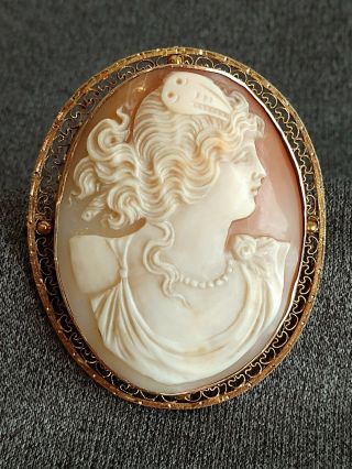 Antique 10k Gold Filigree Carved Shell Cameo Pendant Brooch Oval Gorgeous