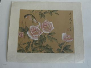 Fine Old Chinese Bird & Rose Flower Brush Ink Art Painting On Silk Artist Signed