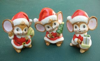 Vintage Homco Santa Claus Mouse Christmas Figurines Set Of 3 Mice 5405 Tree Gift