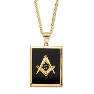 14k Gold Masonic Mason Emerald Cut Black Onyx Gp Pendant Necklace With 22 " Chain