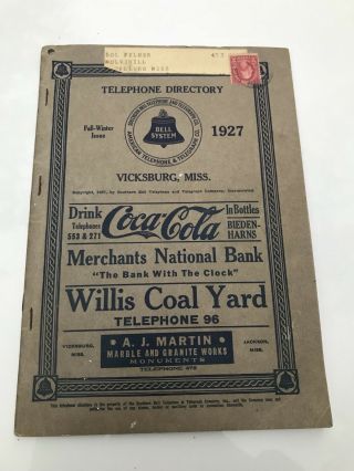 Antique 1927 Vicksburg,  Miss Telephone Book Biedenharn Coca - Cola Advertising