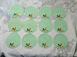 Set Of 12 Vintage Green Wine Coaster Doilies With Embroidered Roosters