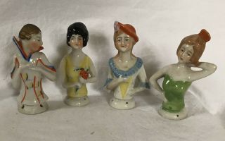 4 Vintage Japan 3 1/2 " Porcelain Half - Doll Pincushion Tops