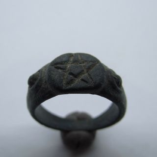 Medieval Ancient Artifact Bronze Ring With Pentagram