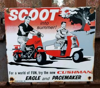 Old Vintage 1958 Cushman Scooters Porcelain Advertising Dealer Sign