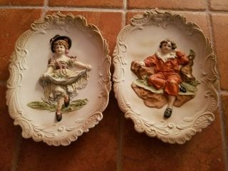 Vtg 2 Lefton China Wall Plaques Girl/boy - - Labels - Hand Painted - Japan
