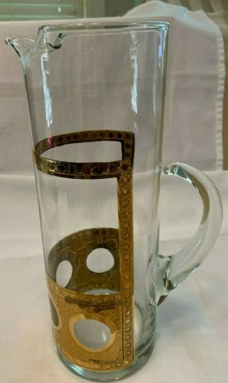 Vintage Mid Century Fred Press Gold Embossed Glass Martini Pitcher.  Culver Style