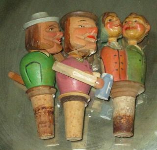 3 Vintage Carved Wood Figural Mechanical Cork Bottle Stoppers