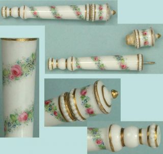 Rare Antique Porcelain Needle Case Hand Painted Roses Circa 1820
