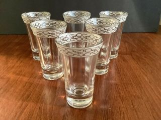 Set Of 6 Vintage Liqueur Cordial Shot Glasses Ornate Silver Band