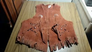 Vintage Childs Cowboy Or Cowgirl Fringed Studded Leather Vest Made In Usa Size - 6