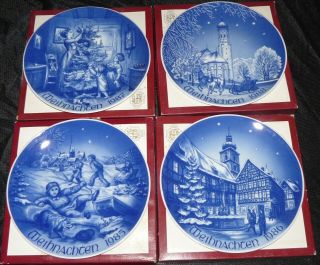 Set Of 4 Vintage Bareuther Blue & White Christmas Collector Plates 1985 - 1988 Mib