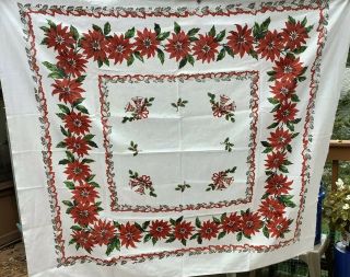 Vintage Christmas Tablecloth Red Poinsettias & Bells & Bows Holly Cotton