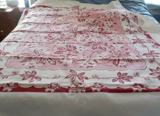 Vintage Cotton Tablecloth W Red & Pink Design 56 " X 66 "