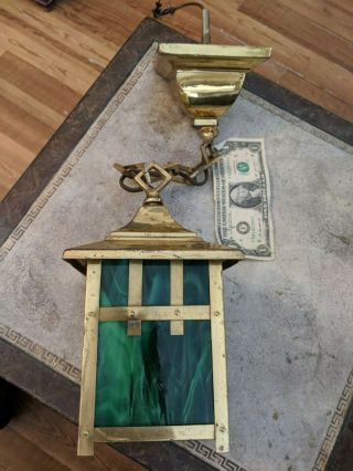 Antique Vtg Mission Arts & Craft Green Stained Glass & Brass Hanging Lamp Light