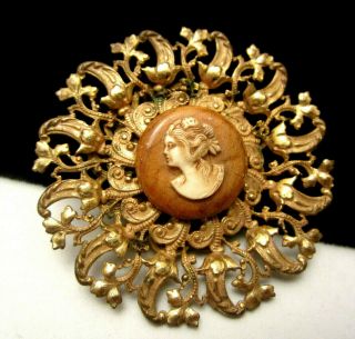 Classic Vintage 2” Signed Miriam Haskell Goldtone Carved Cameo Brooch Pin A40
