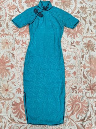 Vintage 1940s Turquoise Blue Cheongsam Ponku Silk Leaves Qipao Dress Antique