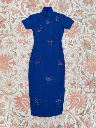 Vintage 1940s Blue Cheongsam Beaded Orchid Flower Crepe Silk Qipao Dress Antique 2