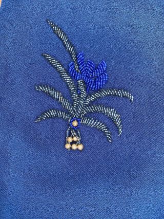 Vintage 1940s Blue Cheongsam Beaded Orchid Flower Crepe Silk Qipao Dress Antique 3