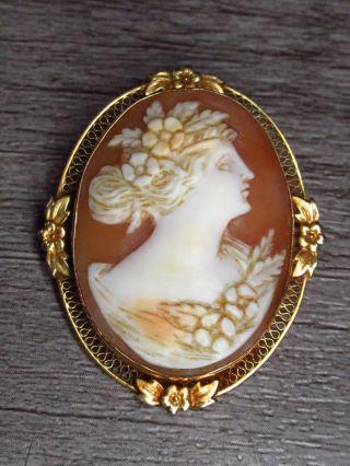 Vtg 14k Yellow Gold Jewelry Pink Flower Woman Carved Cameo Filigree Pin Brooch