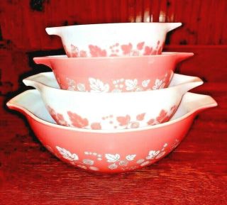 Vintage Pyrex Pink White Gooseberry Cinderella Nesting Bowl Set 441 442 443 444