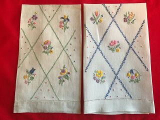 2 Linen Hand Embroidered Flowers Vintage Guest Towels Blues Greens