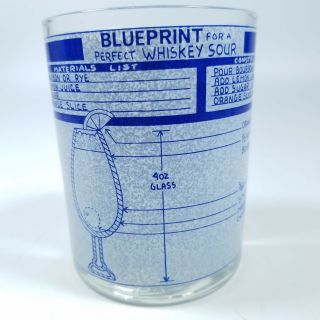 Cera Daiquiri Whiskey Sour Blueprint Lowball Glass Cup Mid Century Bar Vtg Blue