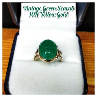 Vintage Art Deco Oval Green Scarab Set Into A Bettle Setting In 10k Yellow Gold
