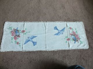 Handmade Embroidered Doily Dresser Scarf Baby Bluebird Nest 36 X 12 "