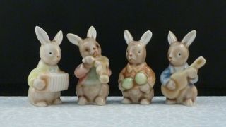 Set Of 4 Vintage Miniature Bone China Porcelain Bunny Rabbit Musician Figurines