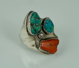 Big Heavy Native American Sterling Turquoise Coral Old Pawn Vintage Silver Ring