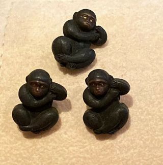 Rare Three Antique Japanese Mixed Metal Shakudo Meiji Figural Monkey Buttons 3