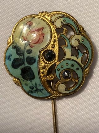Antique French Champleve Enamel Steel Cuts Pierced Gilt Flower Pin Button